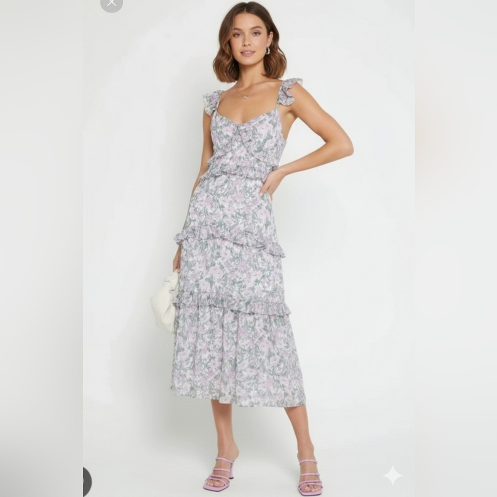O.P.T‎ NWT Ingrind Floral Ruffle Colorful Spring Midi Dress Cottatecore Size Sm